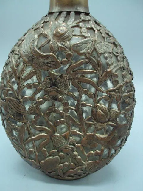 Штоф графин Китай 80-е года стекло, металл узор рыбы цветы рыбки высота с крышкой 28 см №13953 Інтернет-аукціон