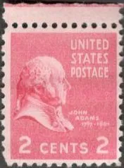 США (USA) 1938 г. 2 ЦЕНТА.  ДЖОН АДАМС. 2 ПРЕЗИДЕНТ СОЕДИНЁНЫХ ШТАТОВ АМЕРИКИ. МАРКЕ 86 ЛЕТ. МАРКА С КЛЕЕМ, С ПОЛЕМ.  ОЧЕНЬ РЕДКАЯ. З аукціону