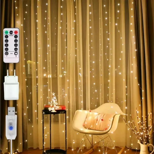 Гирлянда штора Роса + пульт, 1,8x1,2м, 144 LED, от USB и сети 220В, 12 нитей, 8 режимов Теплый белы Ціна