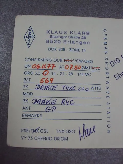 карточка радиообмена QSL Эрланген германия 1977 №2359 Де купити