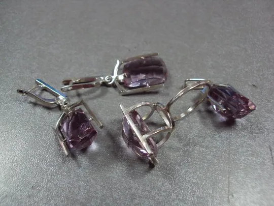 Комплект серьги кольцо 19 размер и подвеска кулон аметист серебро 925 проба 24,69 г клейм нет №13086 Де купити