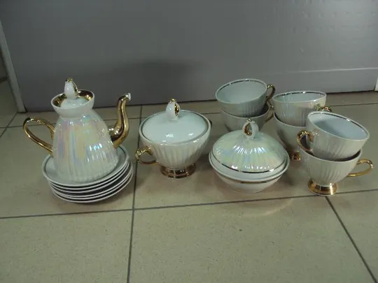 Кофейный сервиз фарфор Полонное набор перламутр заварник, сахарница, чашки, блюдца, масленка №13043 Ціна