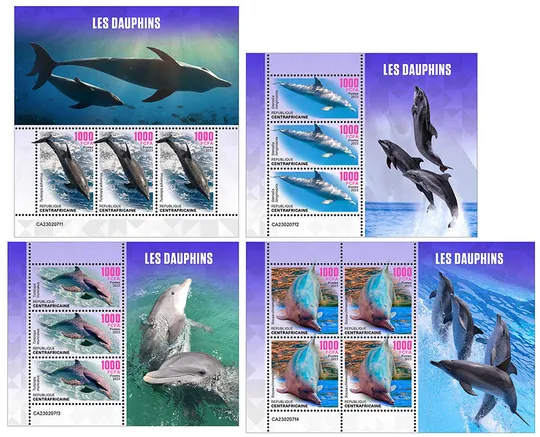 ЦАР-Дельфины-2023.Чистый полный комплект-4 М/Листа.MNH. Ціна