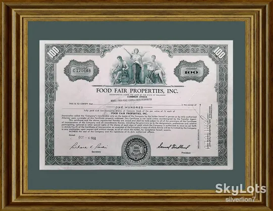 Акція Сертифікат на 100 Акцій Food Fair Properties Inc. 1974 США Mt 09 З аукціону