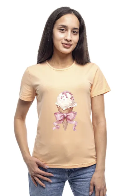 фото, Футболка жіноча однотонна бавовняна Bono принт Морозиво прямого крою (різні кольори) 44, Бежевий