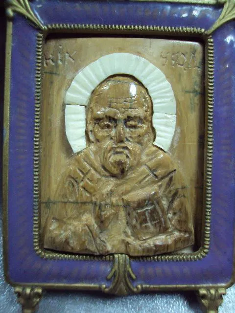 Икона двойная складень святой Николай и Георгий Победоносец кость бивень мамонта миниатюра №13389 Інтернет-аукціон