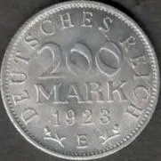 ХАЛЯВА !!! Треий рейх 200 марок "E" 1923 г.  31 янв. 1922 г. приход к власти Гитлера. Первая монета. Ціна