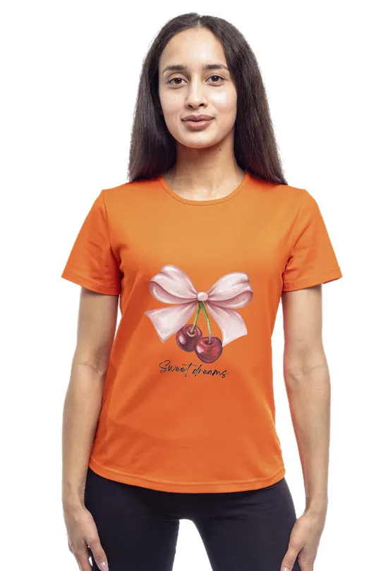 Футболка жіноча однотонна бавовняна Bono принт Вишні прямого крою (різні кольори) 44, Помаранчевий Ціна