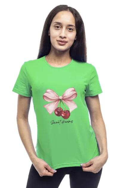 фото, Футболка жіноча однотонна бавовняна Bono принт Вишні прямого крою (різні кольори) 46, Зелений