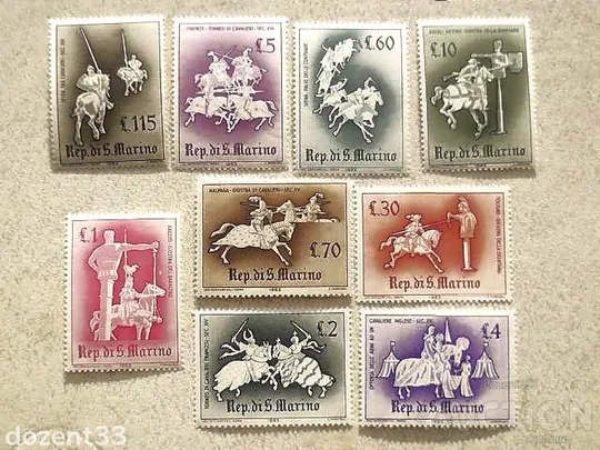 Серія поштових марок Сан-Марино &quot; Військова тематика Рицарі &quot; 1963 рік ** Ціна