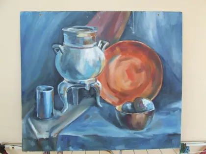 фото, Закарпатская школа.  Глебан А   натюрморт кухонный раз.70 х 60 см. к.м. 2000 гг. Ужгород