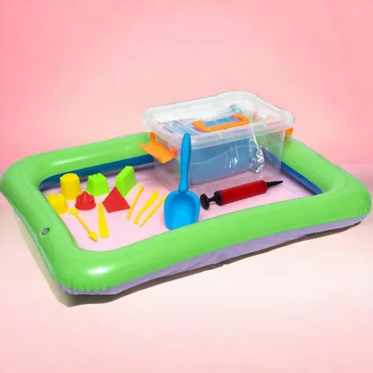 Набор кинетический песок 1 кг в надувной песочнице 44х60 см 6 пластиковых пасочек Зелено-бежевый Ціна