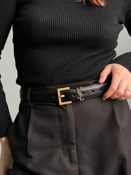 Ремінець жіночий Yves Saint Laurent Cassandre Belt With Square Buckle Black/Gold (66119) Ціна