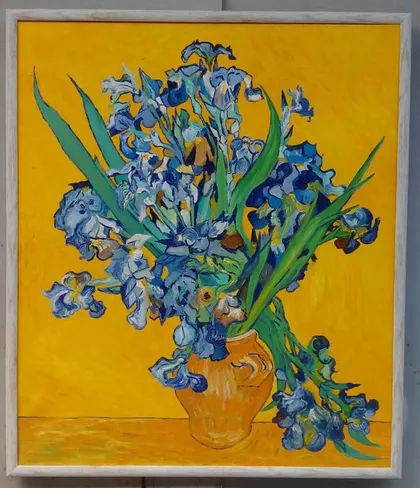 фото, Ваза с ирисами на желтом фоне холст масло рама 60 *70см