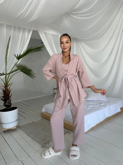 фото, Комплект для дому і сну трійка з мусліну, халат кімоно, топ і штани бежевий