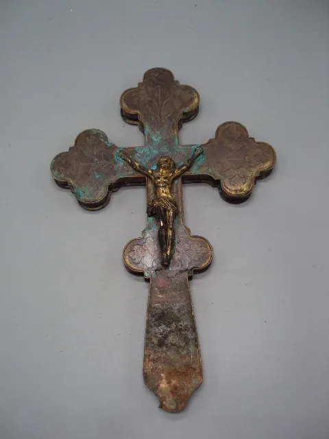 Антикварный напрестольный крест распятие разборный царский латунь позолота 33,5х21,4х1,9 см №16059 Де купити