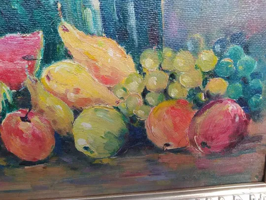 картина Натюрморт фрукцы арбуз М. Цюра, ДВП масло В раме 58,5х48,5 см, без рамы 50х40 см №57 З аукціону