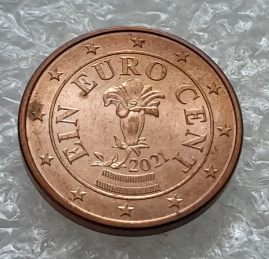 (6896) 1 євроцент 2021 Австрія, викрошки та розколи на "1" (1 евроцент 2021 Австрия, брак) Інтернет-аукціон