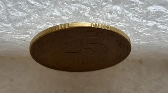 (1949) 25 копійок 1994 1БВк розкол на аверсі від канту до лівого нижнього листка (25 копеек 1994 1БВк) Інтернет-аукціон