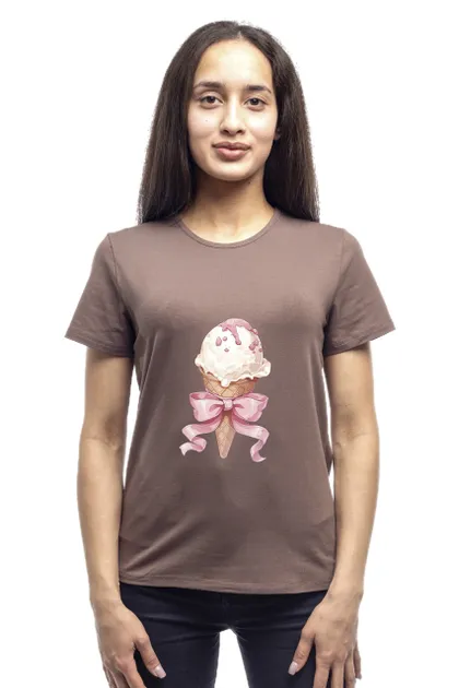 фото, Футболка жіноча однотонна бавовняна Bono принт Морозиво прямого крою (різні кольори) 46, Какао