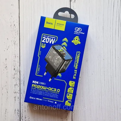 фото, Зарядний пристрій Hoco N34 (Type-C та USB) 20W для телефона планшета Чорний