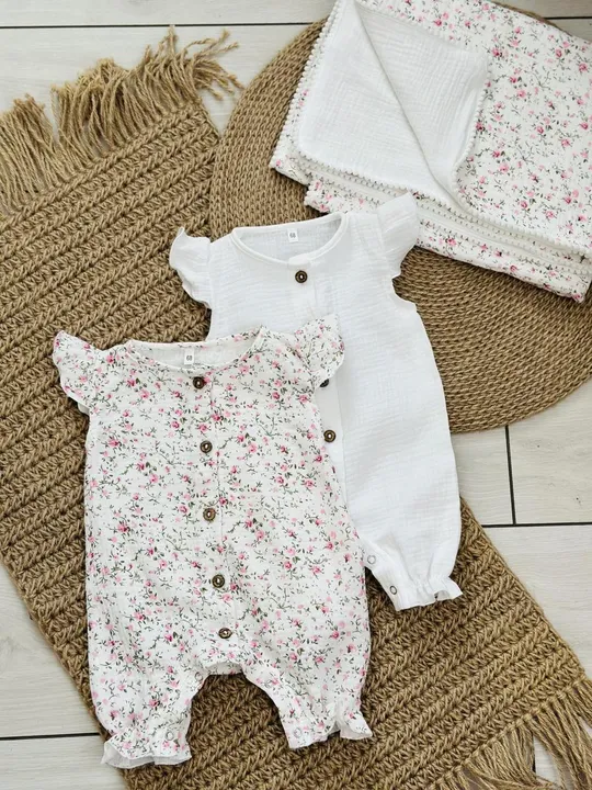 Купити Набір для дівчаток 2 ромпери та плед з мусліну (різні кольори) 62, біли/білий квіти