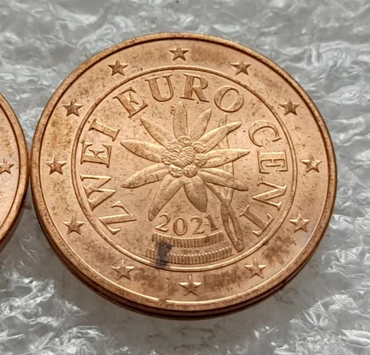 (2137) 1 євроцент 2021, 2 евроценти 2021 Австрія - 2 монети одним лотом /евроцент 2021 Австрия брак З аукціону