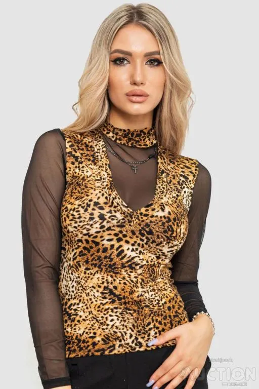 Лонгслив женский с рукавом в сетку, цвет коричнево-черный, 186RG400 Ціна