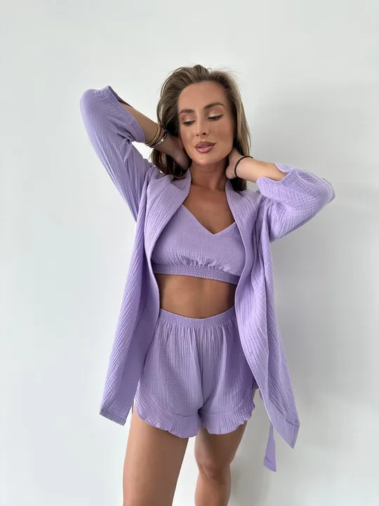 Комплект для дому і сну трійка з мусліну, халат кімоно, топ і шортики лавандовий Ціна