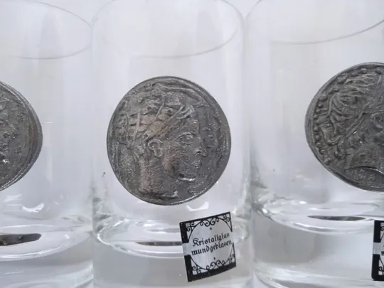 Рюмки чарки з олов'яною монетою 6 шт Helsinki кришталеве скло 1970-ті Німеччина Yf 21 Продаж