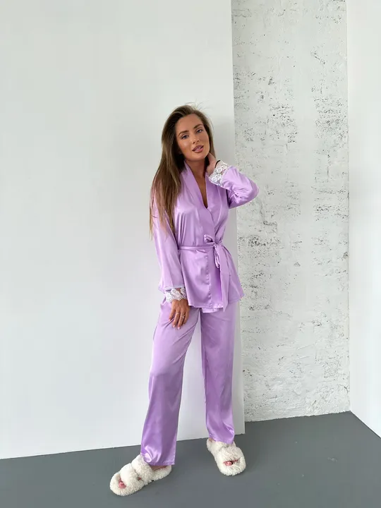 Купити Комплект шовковий для дому четвірка халат, майка, шорти і штани Christel 134 лавандовий, розмір S