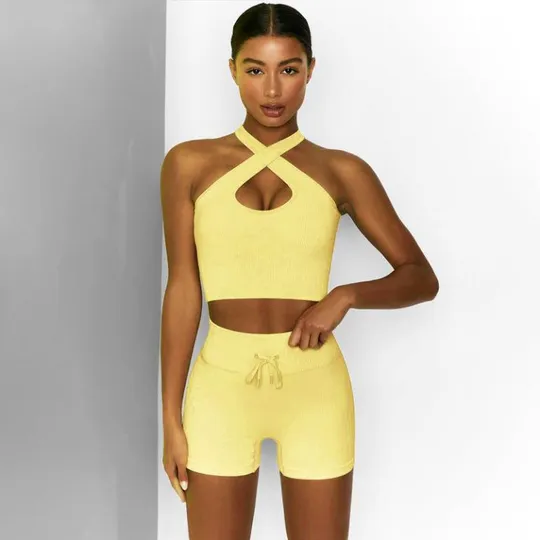 Комплект для фитнеса топ и велосипедки Рубчик 9628 M желтый Ціна