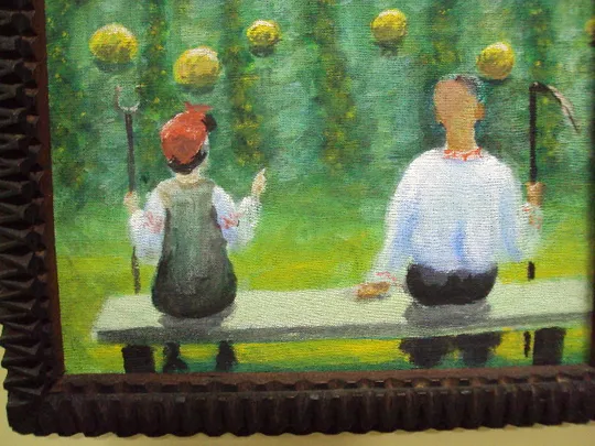 Картина сельский пейзаж жанровая сцена сельская жизнь пара и свиньи ДВП масло в резной раме №8 Продаж