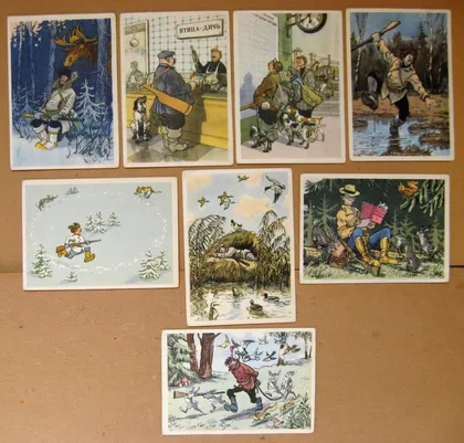 фото, НИ ПЕРА, НИ ПУХА = 1960 - 1961 г. = худ.СЕМЕНОВ = 8 открыток из набора