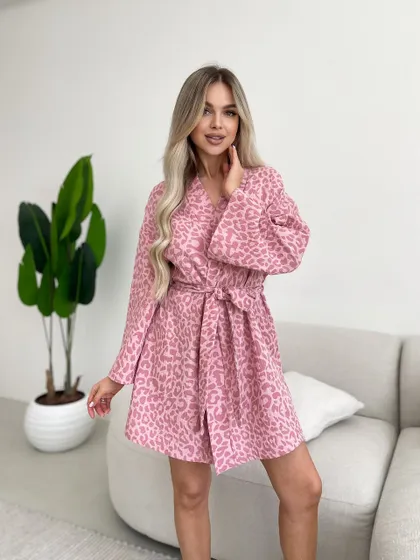 фото, Халат короткий з мусліну (100% бавовна) принт Лео рожевий