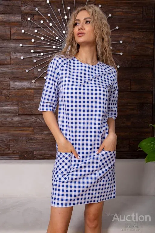 Летнее платье, в бело-синюю клетку с карманами, 167R108-10 Ціна