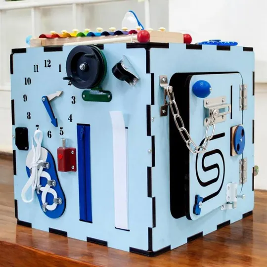 Бизикуб 30x30x30см, 33 элемента, Голубой (Развивающий бизиборд для детей) Ціна