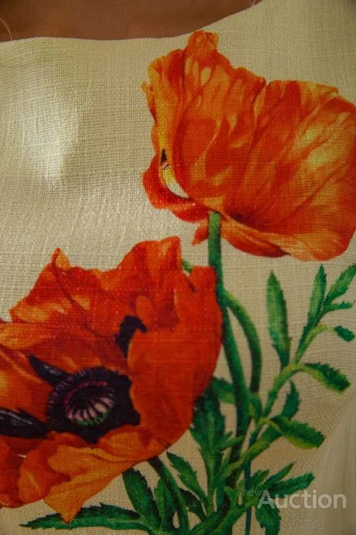 Короткое платье из льна, с цветами Маки, цвет Лимонный, 172R019-1 Де купити