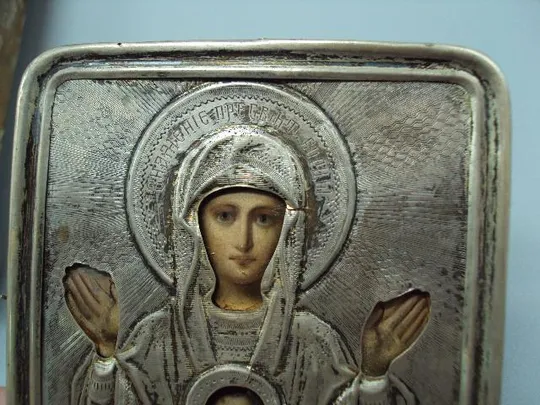 Икона Знамение Пресвятой Богородицы Божья мать оклад серебро 84 проба клеймо ИН в киоте №13869 Де купити