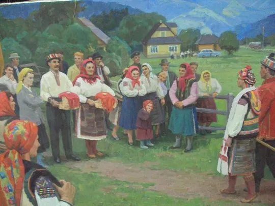 Картина Гуцульская свадьба Лобода 1972 г. холст, масло размер 212,4 х 122,6 см №22 З аукціону