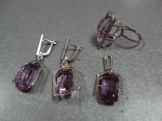Комплект серьги кольцо 19 размер и подвеска кулон аметист серебро 925 проба 24,69 г клейм нет №13086 Ціна
