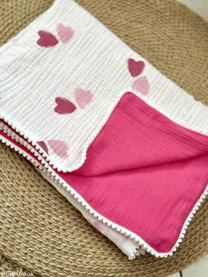 фото, Плед муслиновий 100% бавовна дитячий 70*100 см (різні кольори) малиновий сердечки