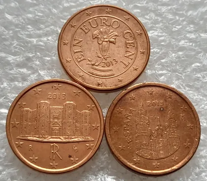 фото, (1907) 1 євроцент 2013 Австрія, Італія, Іспанія - 3 монети /1 евроцент 2013 Австрия, Италия, Испания