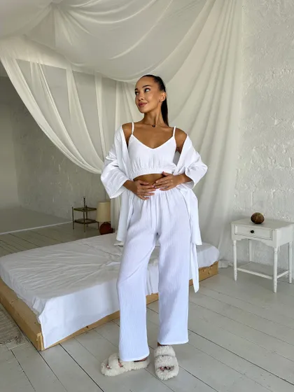 фото, Комплект для дому і сну трійка з мусліну, халат кімоно, топ і штани білий