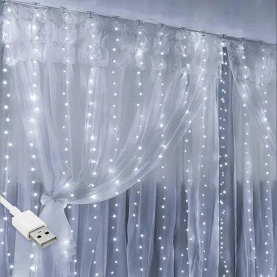 Гирлянда штора "Роса" от USB, 3x3м, 300 LED, 10 нитей, 8 режимов, IP44 Белый Ціна