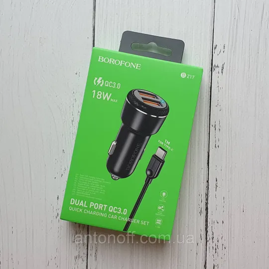 Зарядний пристрій Borofone BZ17 2USB 18W QC3.0 з кабелем Type-C (1м) в авто Чорний Ціна