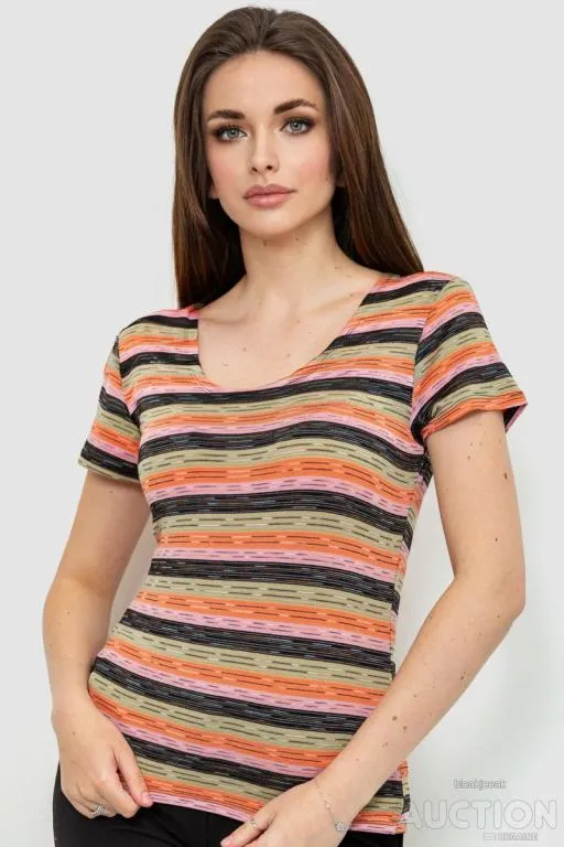Футболка женская в полоску, цвет оранжево-оливковый, 186R527 Ціна