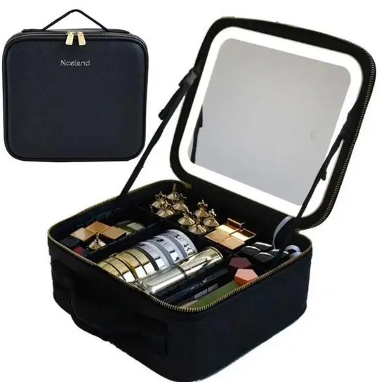 Черная Дорожная косметичка-чемоданчик с LED зеркалом Черная Ціна