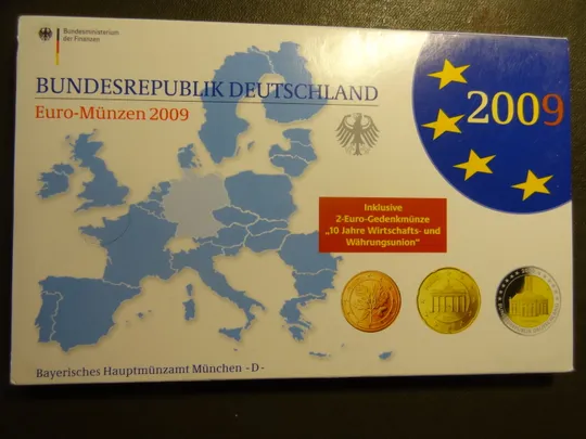 Комплект євромонет Німеччини 2009 D (повний комплект+ 2 ювілейні) UNC З аукціону