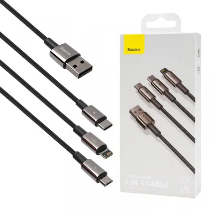 фото, Кабель Baseus Tungsten Gold One-for-three Fast Charging Data Cable USB to M+L+C 3.5A 1.5m Black (CA